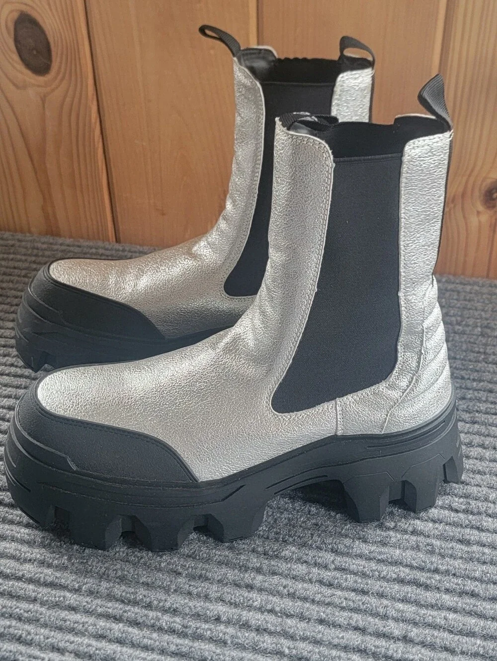 Silver ASOS DESIGN Platform Heeled Chelsea Boot with Lug Sole, Womans 11